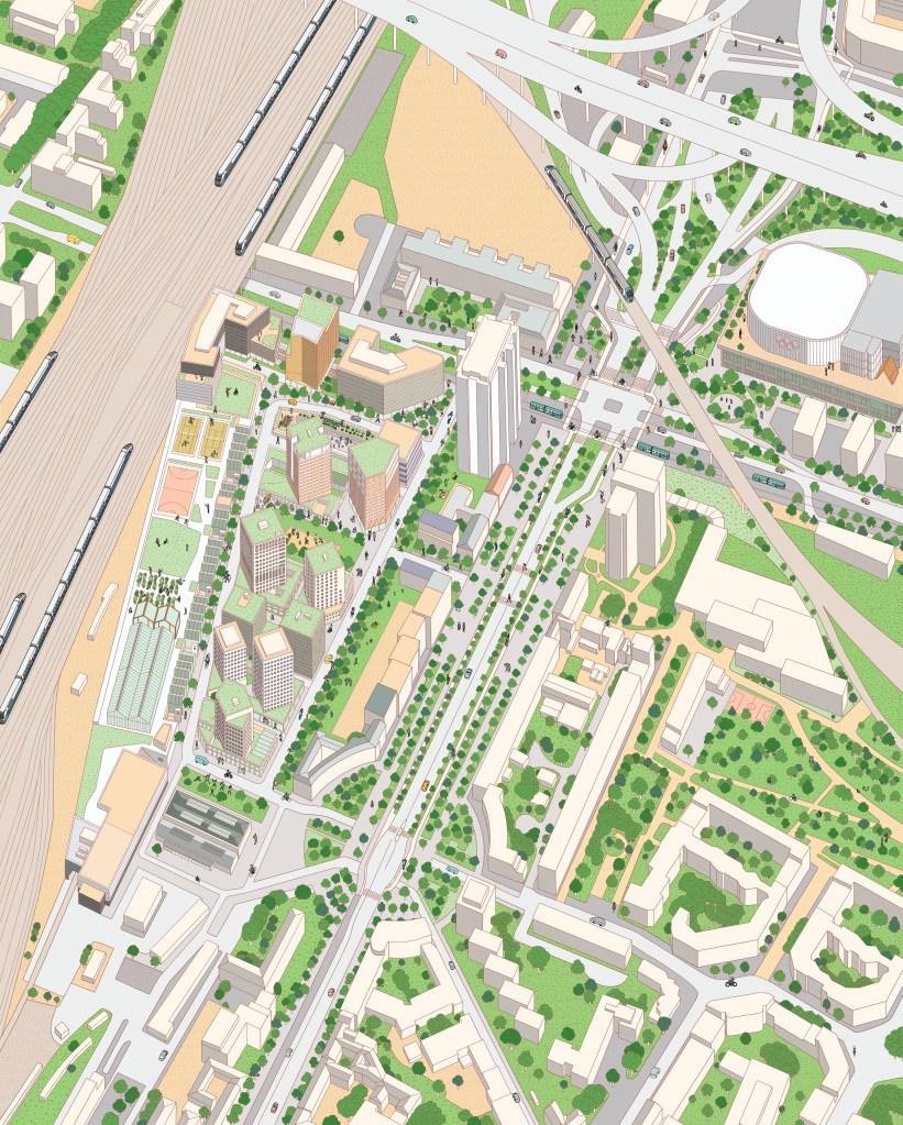 Cette illustration donne une vue sur le quartier et ses composantes. Elle permet également de voir plus largement la Porte de La Chapelle.